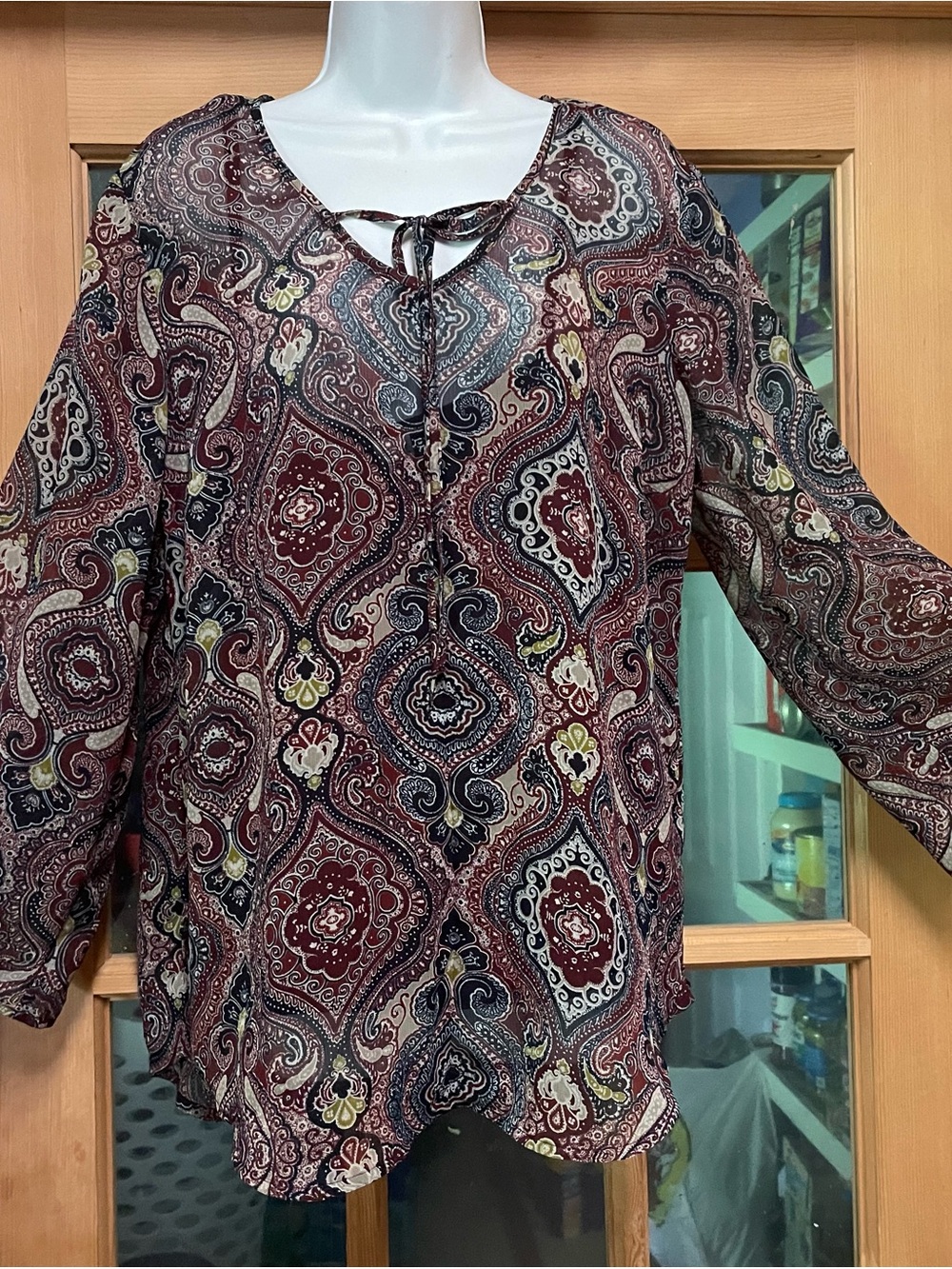 Women's Paisley Tie-Neck Blouse in Burgundy
